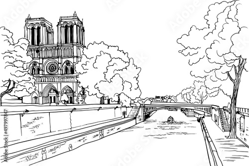 Romantic view of old Paris bridge and river Seine. Paris, France. Hand drawn sketch. Line art. Ink drawing. Black and white vector background on white. For illustration and romantic Postcards.