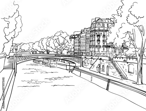 Romantic view of old Paris bridge and river Seine. Paris, France. Hand drawn sketch. Line art. Ink drawing. Black and white vector background on white. For illustration and romantic Postcards.