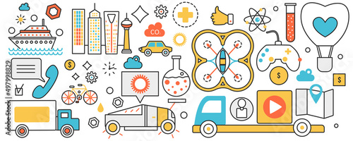Transport technology and futuristic delivery service. Integrate tech logistics and transportation system, smart car of future, air pollution in infographic concept banner, thin line art design