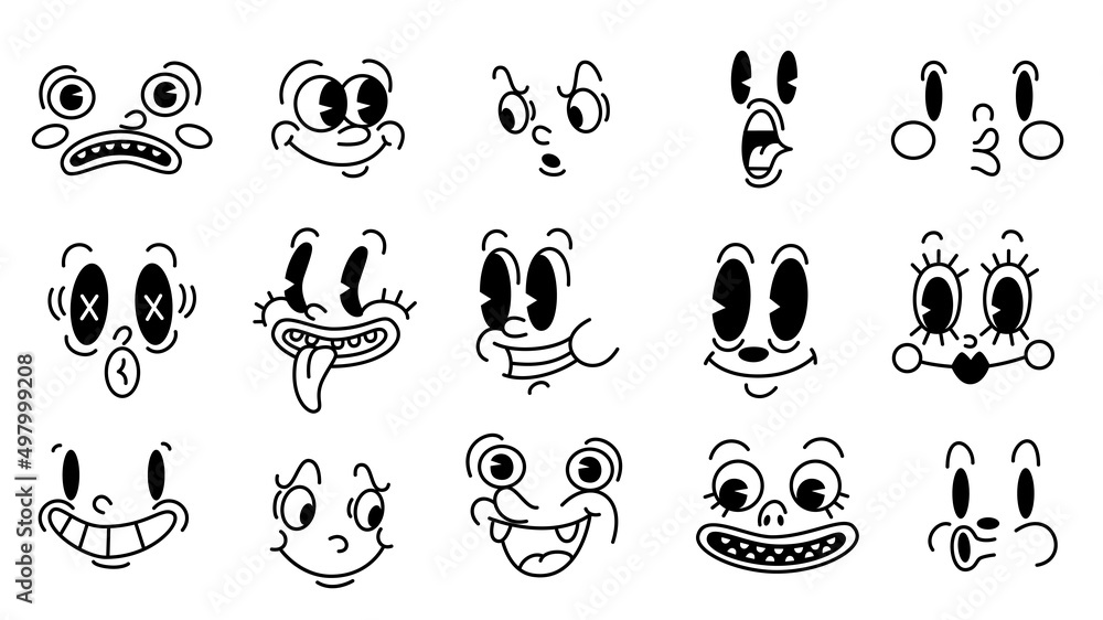 Retro 30s cartoon and comics characters faces. Traditional emotions vector elements. Vintage characters creator for trending illustration.