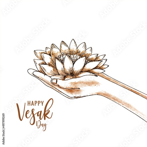 Buddha Purnima or Vesak card with hand holding lotus flower sketch design