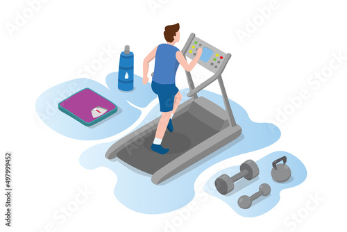running treadmill man with exercise tools with modern isometric style