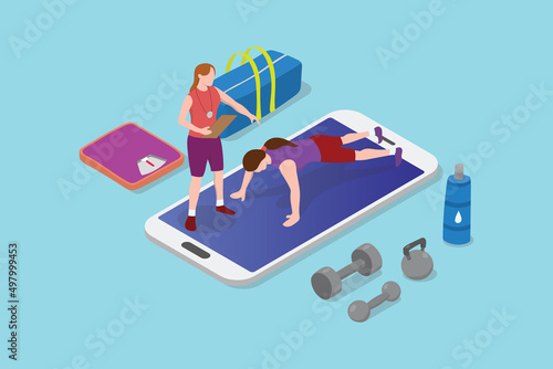 online pt personal trainer coach with smartphone and some exercise tools with modern isometric flat style