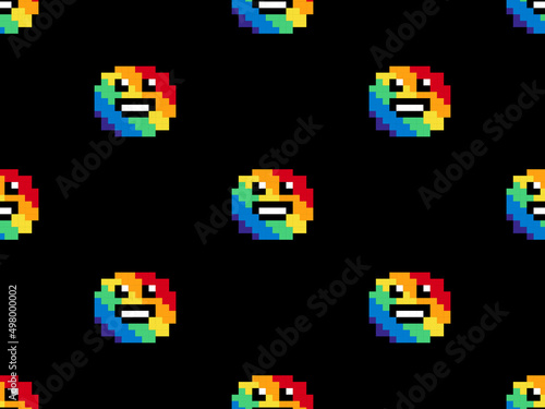 Smile face cartoon character seamless pattern on black background.Pixel style