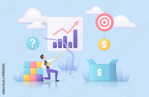 Business target, success strategy and achievement of businessman. Tiny man with arrow and bow aiming, accurate hit and objective marketing flat vector illustration. Goal, promotion campaign concept