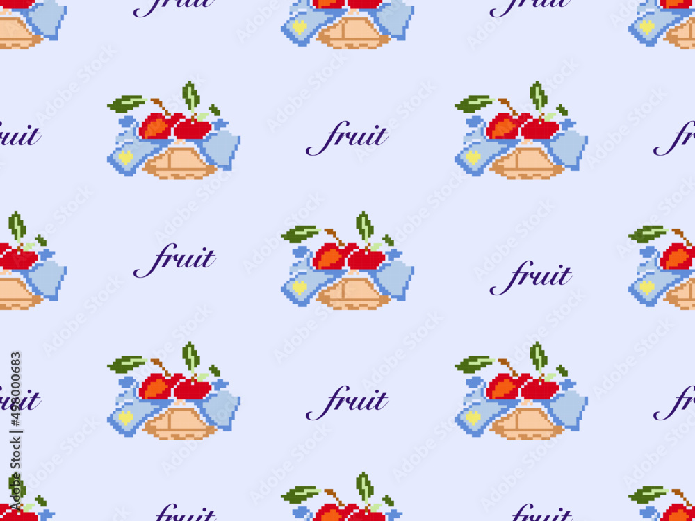 Fruit basket cartoon character seamless pattern on blue background.Pixel style