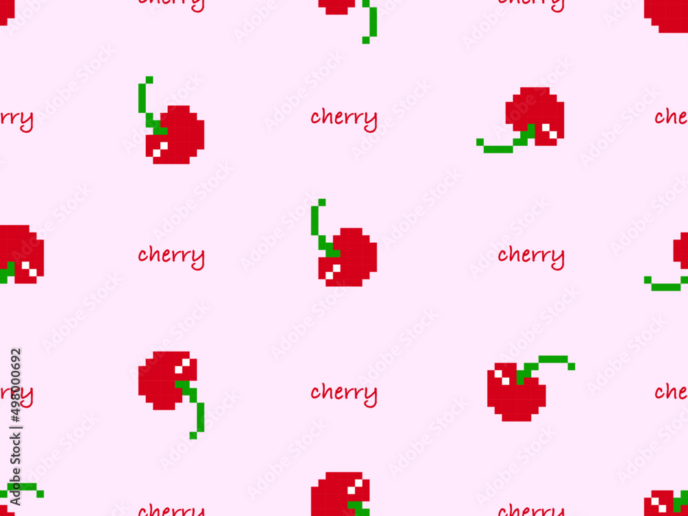 Cherry cartoon character seamless pattern on pink background.Pixel style