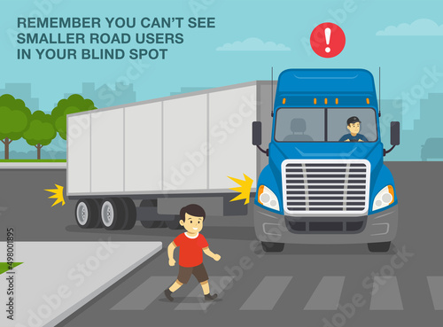 Hidden pedestrian safety and heavy vehicle driving rules. Young boy crossing the road directly in front of a truck. Blue semi-trailer turning right on a city road. Flat vector illustration template.