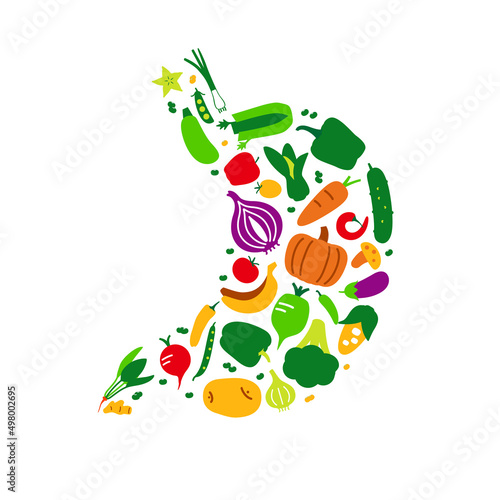 Vegetables and fruit icon set in stomach shape, vector illustration