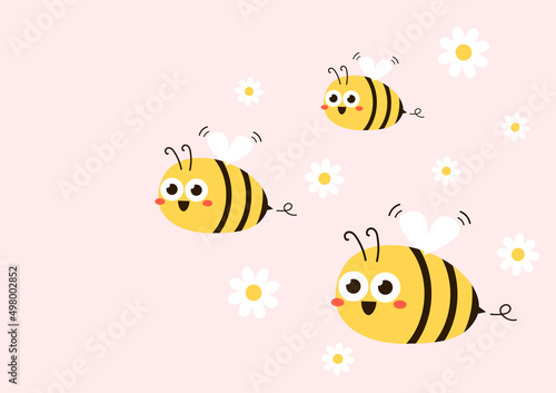Bee cartoon and Flower isolated on pastel background vector illustration. Cute cartoon character. Cube Bee vector.