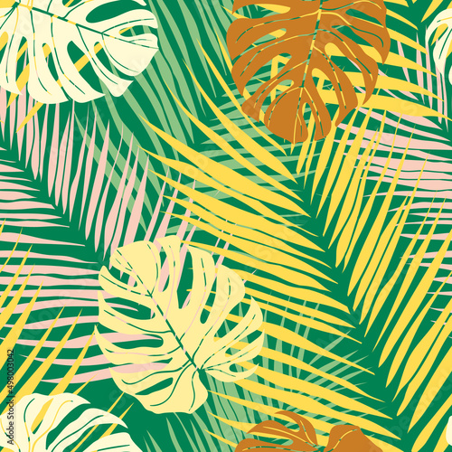 Beautiful tropical leaves branch seamless pattern design. Tropical leaves, monstera leaf seamless floral pattern background. Trendy brazilian illustration. Spring summer design for fashion, prints