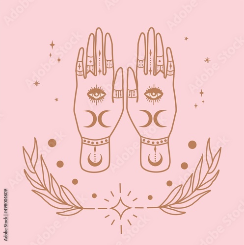 Mystic hand with esoteric elements boho symbols modern design Minimalist Vector
