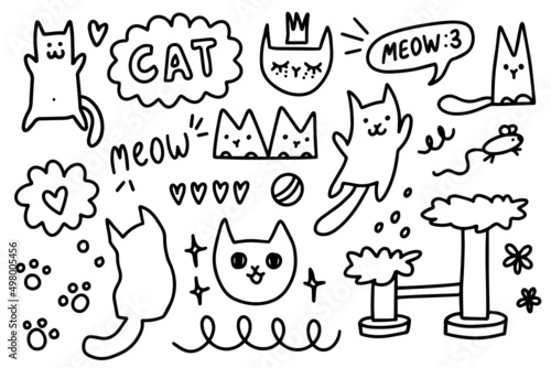 Cats and various cat related items hand drawn, doodle outline isolated on white, vector illustration