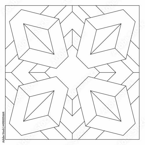 3D drawing of abstract chrystal-shaped copied to 4 corners united by a diamond-shaped rectangle. Easy coloring page suitable for digital detox. EPS8 #496