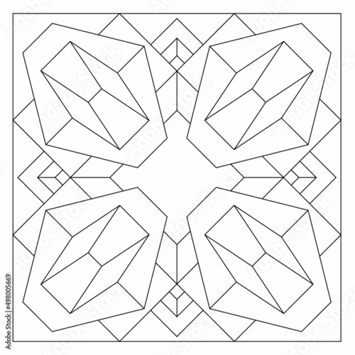 3D image of abstract things copied to 4 corners united by a diamond-shaped rectangle. Easy coloring page suitable for digital detox. EPS8 #495
