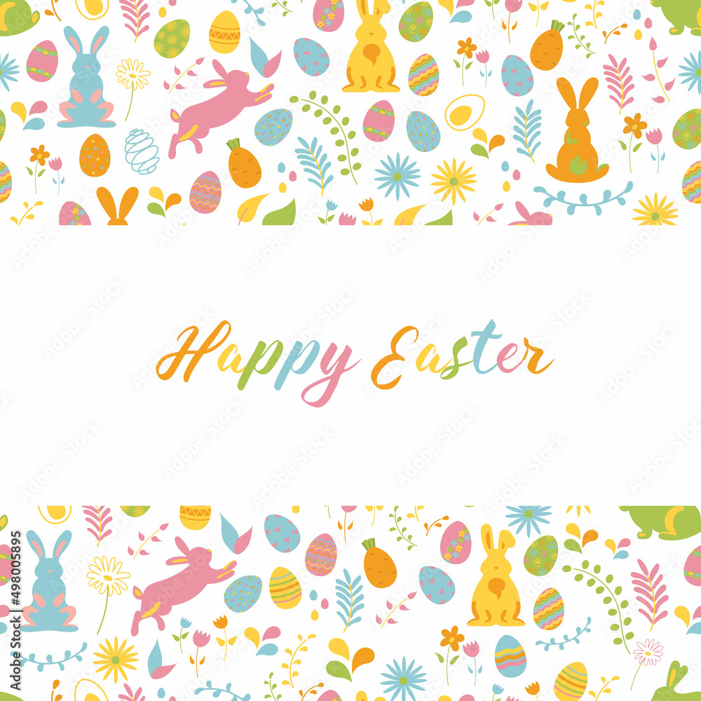 Trendy floral Easter templates. Easter card with a pattern of flowers, plants, Easter eggs and rabbits. Good for poster, card, invitation, flyer, cover, banner, placard, brochure