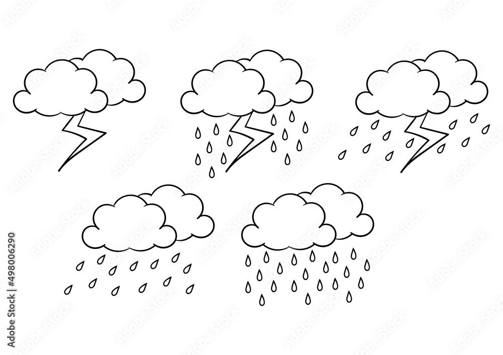 hand drawn weather theme, with lightning and rain during the day on white background hand drawn weather theme, with lightning and rain during the day on white background