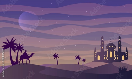 Man riding camel in desert night with mosque and moon background. Islamic concept  arabian desert landscape night view  silhouette vector illustration.