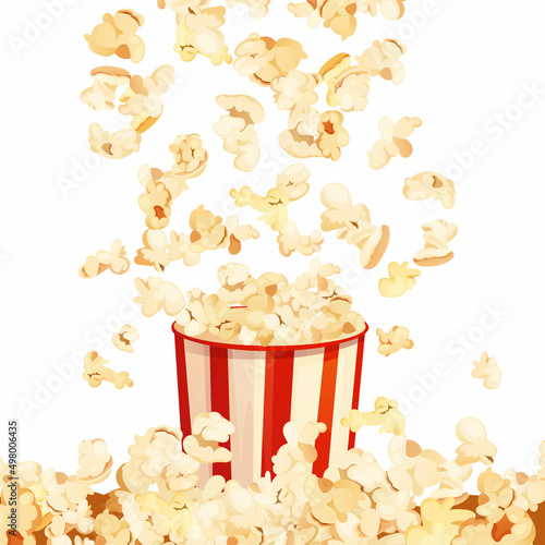 Tasty popcorn in striped red box. Cartoon vector illustration.