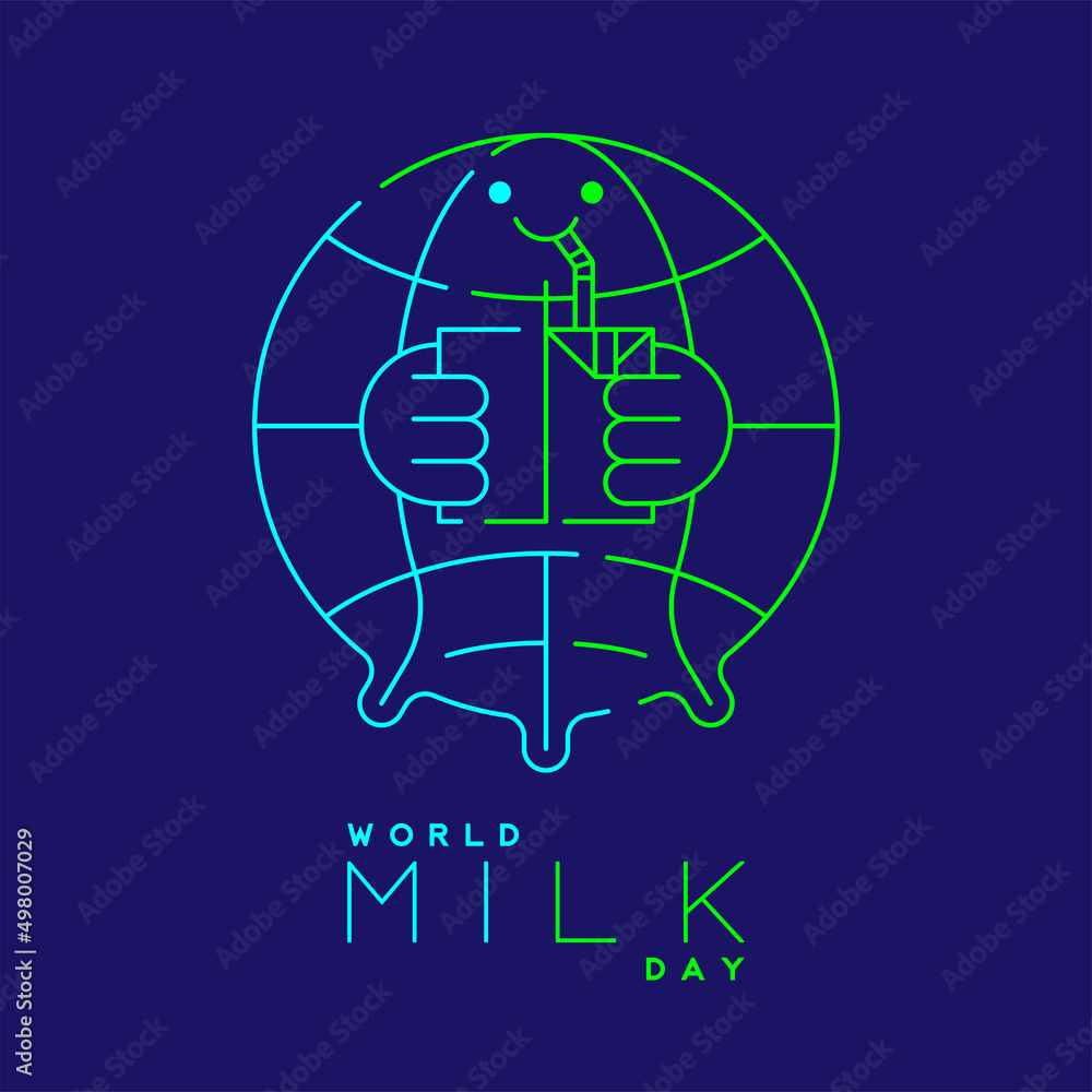 Logo World globe with breast cow shape and milk box editable stroke blue and green color, World Milk Day 2022 concept, cartoon minimal flat design illustration on blue background, copy space, vector Logo World globe with breast cow shape and milk box editable stroke blue and green color, World Milk Day 2022 concept, cartoon minimal flat design illustration on blue background, copy space, vector
