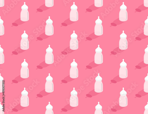 Milk baby bottle 3d isometric seamless pattern, World Milk Day 2022 concept design poster and social banner post horizontal illustration isolated on pink background with space, vector eps 10