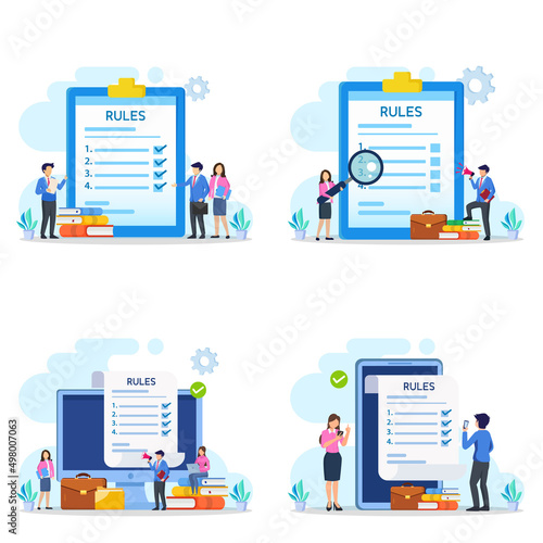 Business people studying list of rules, reading guidance, making checklist Vector illustration.	