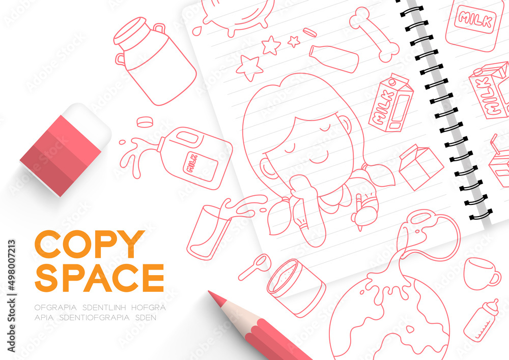 Notebook with Milk doodle kids Girl Imagine of Future hand drawing pattern editable stroke, World Milk Day 2022 concept, cartoon minimal flat design illustration top view background copy space, vector
