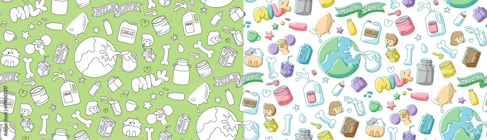 Milk doodle kids hand drawing seamless pattern set editable stroke and marker watercolor, World Milk Day 2022 concept, cartoon minimal flat design illustration on white background, copy space, vector