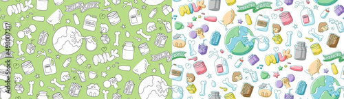 Milk doodle kids hand drawing seamless pattern set editable stroke and marker watercolor, World Milk Day 2022 concept, cartoon minimal flat design illustration on white background, copy space, vector
