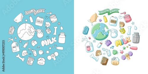 Milk doodle kids hand drawing pattern set editable stroke and marker watercolor, World Milk Day 2022 concept, cartoon minimal flat design illustration isolated on white background, copy space, vector
