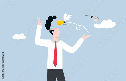 Change mindset to succeed, absorb positive attitude to accomplish business, idea 
transformation concept. Businessman receive new light bulb idea into his head instead old one.