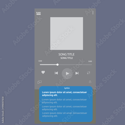 template music player with lyrics for handphone. Spotify template. Youtube music, UI UX Music Player Interface design. imusic, media player template