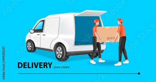 Two uniformed male transport workers are helping to lift parcels from van to deliver to customers,vector 3d isolated on blue background for delivery and transport advertising concept design