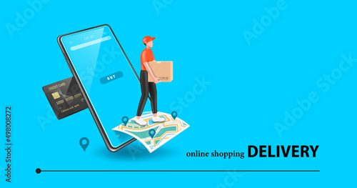 male delivery man in orange uniform Stand holding the parcel box on the GPS map on the smartphone screen,vector 3d isolated onblue background for online shopping and delivery concept design