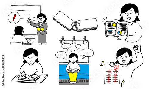 授業を受け勉強しテストで高得点を採る私服姿の女子学生イラストセット