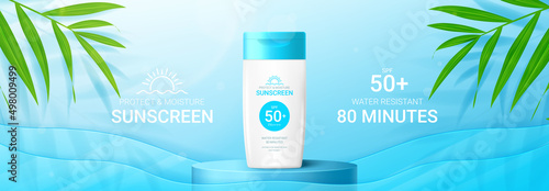 Template of sunscreen ad banner. Banner with 3d jar of sunscreen on podium, tropical plants and glass waves. Vector 3d ad illustration for promotion of summer goods.
