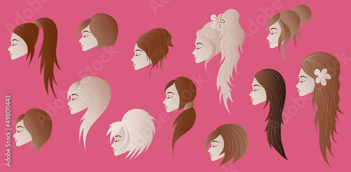 Cartoon avatar beautiful girls with different hairstyles set collection. Vector illustration.