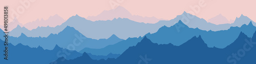 Vector illustration of mountains, ridge in the morning haze, panoramic view