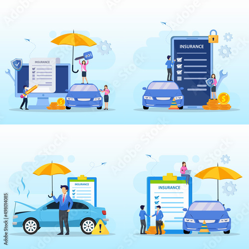 Car insurance policy form with umbrella. Insurance agent, Protection, damage or collision vector	