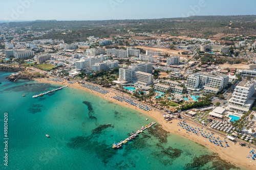 Beaches and hotels of the first line of the Mediterranean Sea in Protaras  Cyprus  aerial view