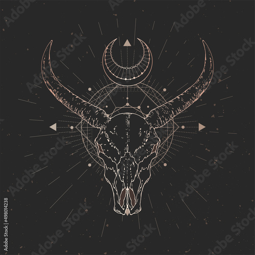 Vector illustration with hand drawn Wild buffalo skull and Sacred geometric symbol on black vintage background. Abstract mystic sign.