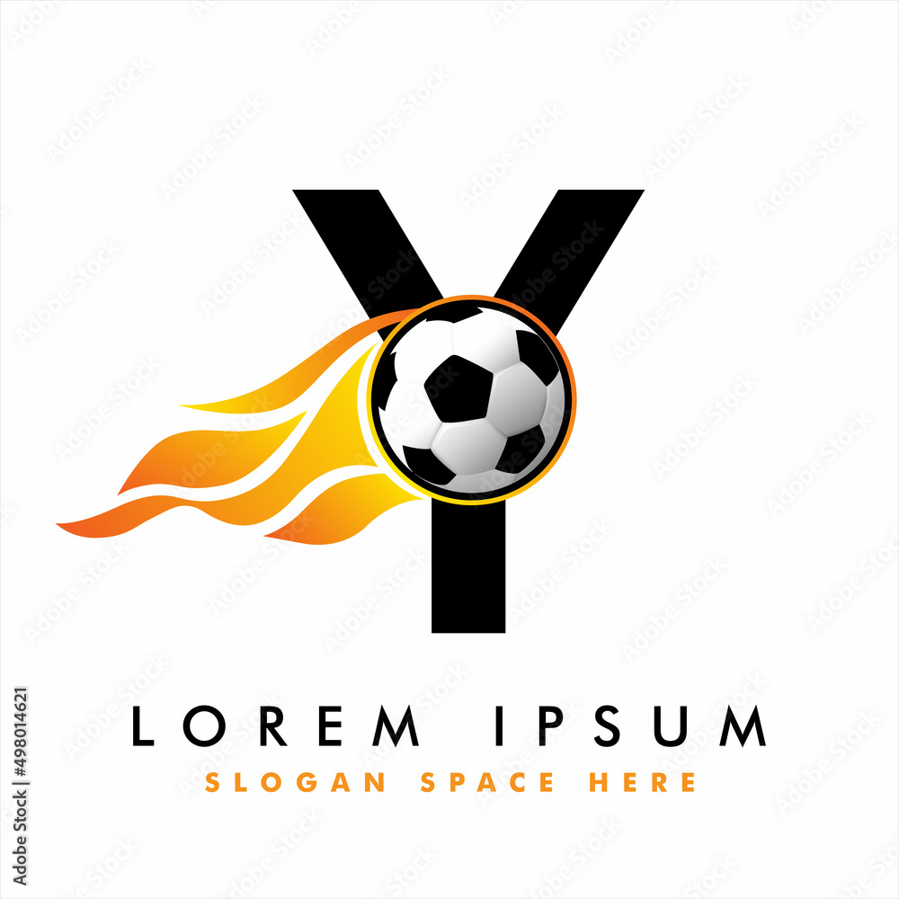 Obraz premium Soccer Football Logo On Letter Y Sign. English Alphabet set with Football graphics vector, Soccer Ball on Letter Logo Design. football ball logo design