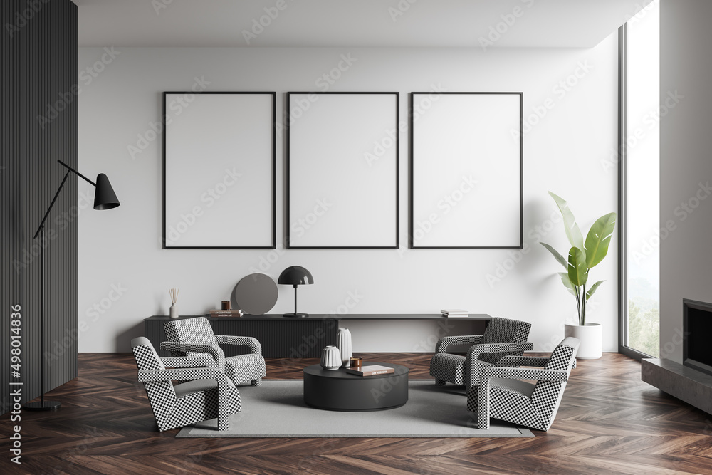 Light relax room interior with seats and coffee table, window and mockup frames Light relax room interior with seats and coffee table, window and mockup frames