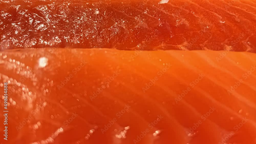 Fillet of fresh red fish, salmon. The picture was taken from a close distance. The video is in slow motion. Fillet of fresh red fish, salmon. The picture was taken from a close distance. The video is in slow motion.
