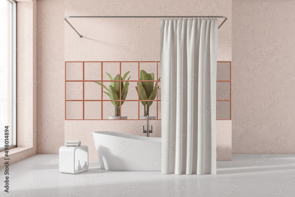 Fototapeta premium Light bathroom interior with bathtub and curtain, plant and window