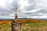 Croix de pierre et de métal entourée de vignes au milieu du vignoble de boudes sur le chemin de randonnée de la vallée des saints dans le puy de dôme