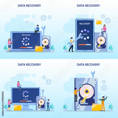 flat vector concept of data recovery services, data backup and protection, hardware repair.	