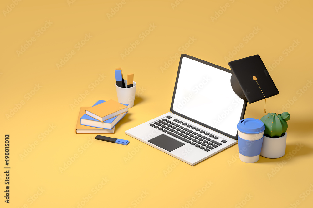 Laptop with mockup screen, workspace with coffee cup, education. Mockup