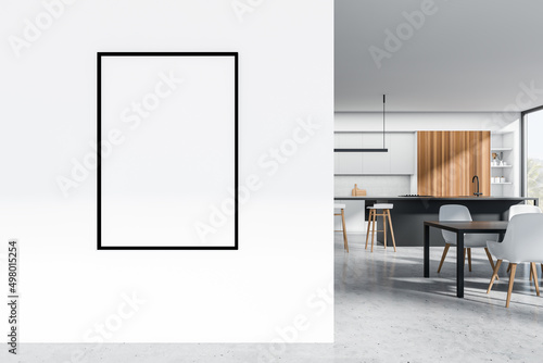 Bright kitchen room interior with empty white poster, panoramic window