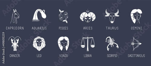 Vector set of zodiac signs. Symbols 12 signs with inscriptions on the blue sky. Vector images of zodiac signs for astrology and horoscopes.
